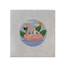 Load image into Gallery viewer, Needlepoint canvas with a flamingo pool floaty design pattern on it