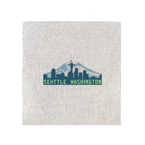 A Seattle Washington Needlepoint canvas design featuring the Seattle skyline