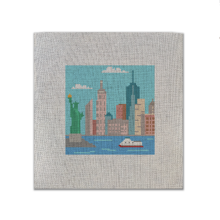 NYC Skyline needlepoint canvas featuring the statue of liberty